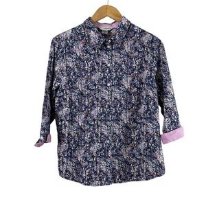 Allison Daley Women's‎ Button Down Shirt Blue Floral Cotton 3/4 Sleeves Size 10P